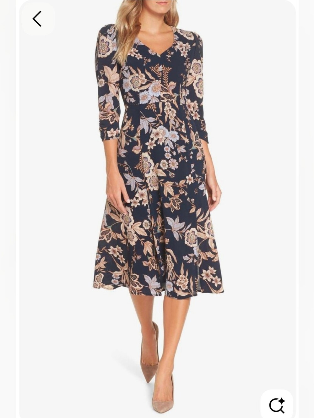 Eliza J Navy Floral V-Neck Midi Dress with Beige and Light Blue Print - Size 14